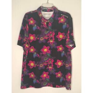 Municipal Black Pink Floral Cotton Blend Mens Performance Polo T Shirt Sz L Golf